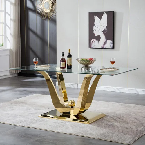 Vista 3 de Moderno juego de mesa de comedor de cristal de 5 piezas para 4, 70 pulgadas rectangular con 4 sillas copetudas de terciopelo beige, juego de mesa