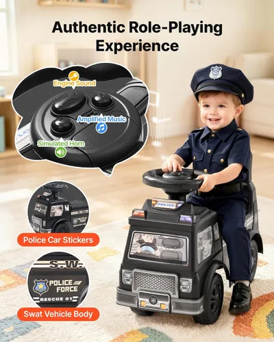Vista 3 de VEVOR Coche de policía para niños pequeños a partir de 19 meses de paseo Negro