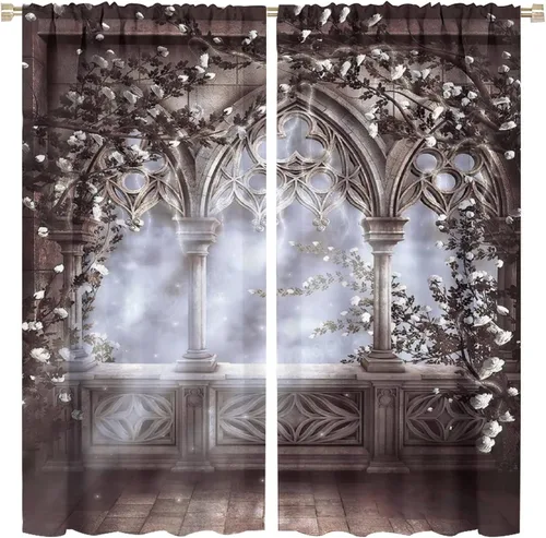 Vista 16 de Cortinas góticas con diseño de luna de Halloween, historia, puerta espeluznante, fondo de terror, vela, ficción, patrón de impresión, sala de estar