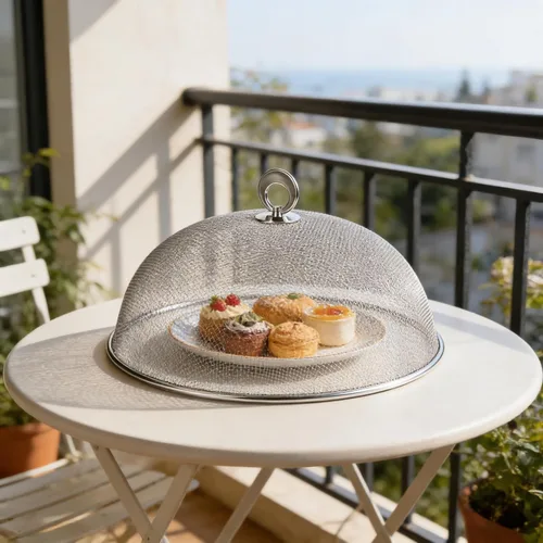 Vista 6 de Cubierta de malla metálica para alimentos, sombrilla de acero inoxidable, cubierta de comida de picnic al aire libre, red para mantener fuera
