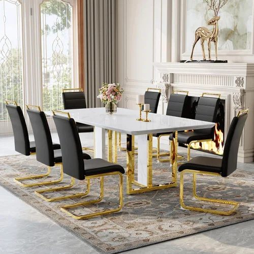 Vista 26 de Juego de mesa de comedor de mármol blanco de 63" para 6 Sillas negras 1