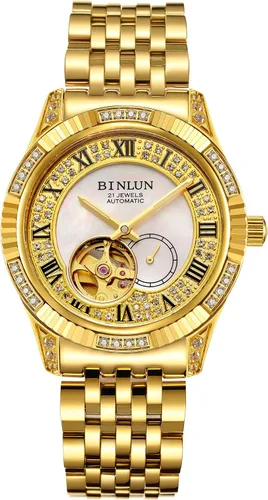 Vista 14 de BINLUN Reloj de pulsera para hombre, mecánico automático, reloj dorado con cuerda automática, elegante, chapado en oro de 18 quilates, relojes