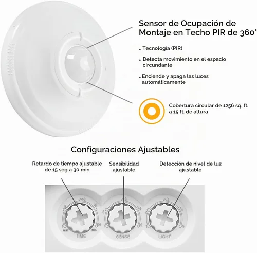 Vista 5 de Maxxima Sensor de ocupación PIR de 360 grados para montaje en techo, sensor de movimiento cableado, compatible con LED, solución de detección