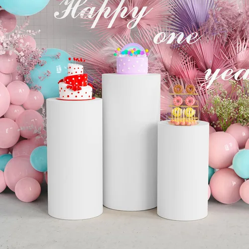 Vista 2 de Putros Cubiertas de pedestal de cilindro blanco, 3 piezas, cubierta de soporte de zócalo de cilindro de elastano para fiesta, boda, decoración
