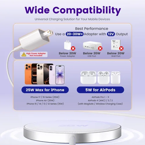 Vista 3 de Cargador inalámbrico magnético de 25 W: almohadilla de carga rápida para iPhone 17, 16, 15, 14, 13, 12 Pro Max, Samsung Galaxy S26 S25, Google Pixel