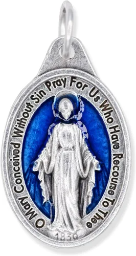 Vista 3 de Caritas et Fides Paquete de 5 colgantes de medalla milagrosa de 1 pulgada de plata oxidada azul milagrosa colgante para collar, medallas