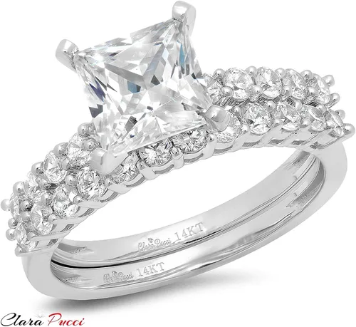 Vista 2 de Juego de anillos de compromiso de 2,66 quilates de corte princesa con moissanita auténtica y diamantes de imitación, de oro blanco sólido de 14