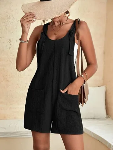 Vista 4 de Overol corto casual de verano para mujer, holgado, sin mangas, con correa de nudo y bolsillos