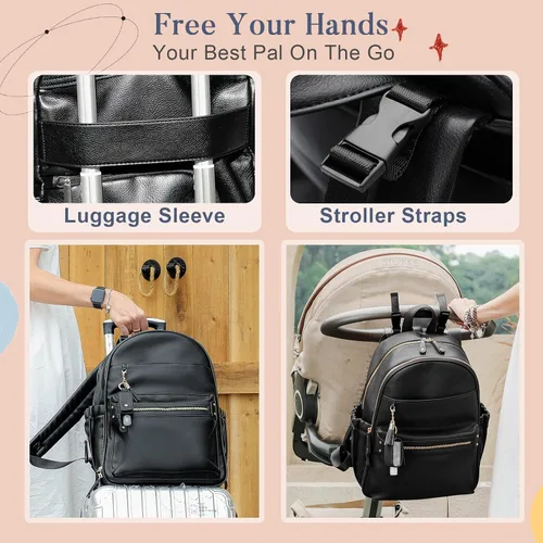Vista 9 de miss fong Bolsa de pañales de cuero para pañales, bolsa de pañales de gran capacidad, bolsa de hospital, bolsa de pañales para bebé con cambiador