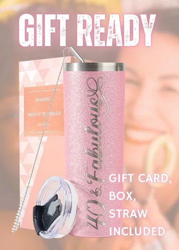Vista 7 de Onebttl Regalos de cumpleaños número 40 para mujeres, mujeres, ella, 40 y fabuloso, vaso aislado de acero inoxidable con purpurina de 20 onzas