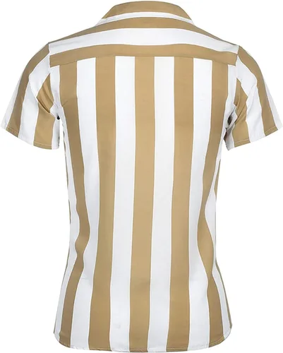 Vista 5 de Camisas de manga corta para hombre, estilo casual, ajustado, a rayas, de algodón, de ajuste regular, para la playa (caqui, talla M), Caqui