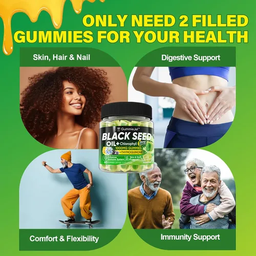Vista 5 de Gomitas de aceite de semilla negra y clorofila, biotina de 500 mcg con colágeno hidrolizado, miel de manuka cruda, orgánica prensada en frío, máxima