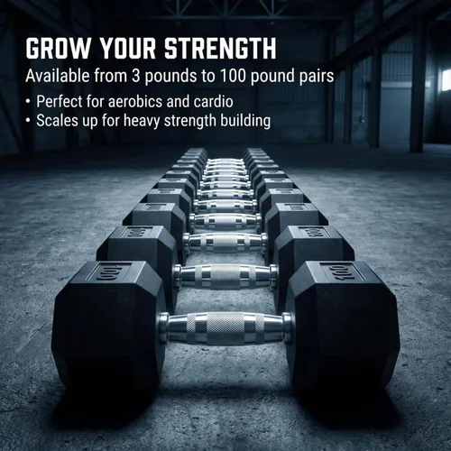 Vista 6 de Barbell Rubber encased Hex Dumbbell Weights with Metal Handles for Strength Training, Full Body Workout. Sold as a Pairs