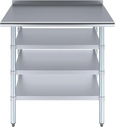 Vista 7 de Mesa de trabajo de acero inoxidable con protector contra salpicaduras de 1.5 pulgadas y 3 estantes, mesa de metal para preparación de alimentos