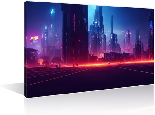 Vista 27 de 1 panel de cuadros de la ciudad de Cyberpunk, arte de pared, representación de vallas publicitarias, edificios modernos en la capital con obras