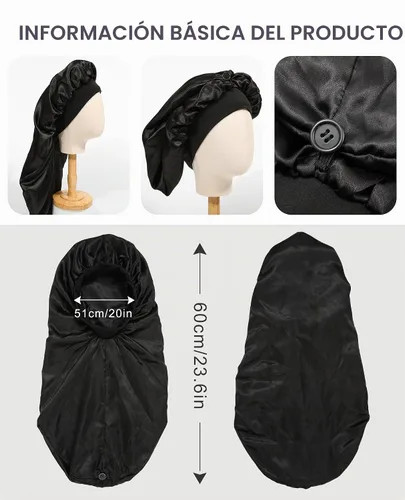 Vista 7 de AWAYTR Gorro largo de satén para mujer, gorro de seda de 2 capas para trenzas, gorro de dormir elástico con gorro de noche de banda ancha (negro)