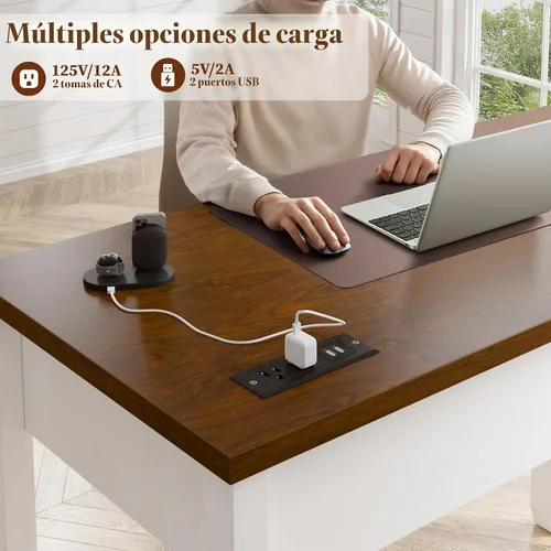 Vista 5 de EnHomee - Escritorio pequeño para computadora con tomas de corriente, escritorio blanco con 2 cajones, pequeña mesa de estudio y escritura