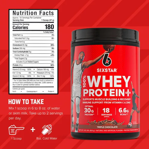 Vista 5 de Six Star Proteína de suero en polvo Plus - Chocolate triple, 1.82LB Fórmula de construcción muscular y recuperación con proteína de suero en polvo