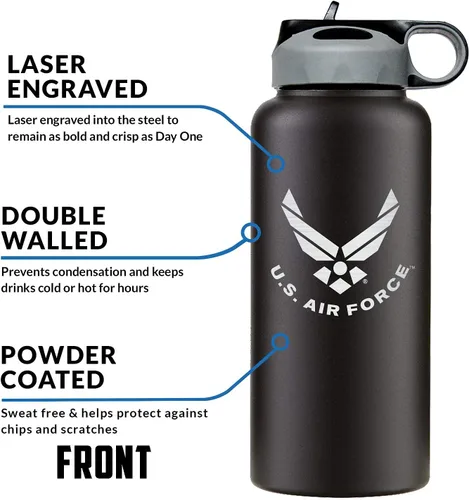 Vista 5 de Military Gift Shop Botella de agua aislada de acero inoxidable de la Fuerza Aérea de 32 onzas con logotipo grabado de la USAF – Regalos de la Fuerza