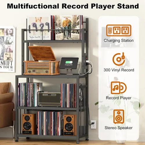 Vista 3 de EasyCom Soporte para tocadiscos con almacenamiento de vinilo, soporte para tocadiscos con capacidad para hasta 300 álbumes, mesa grande