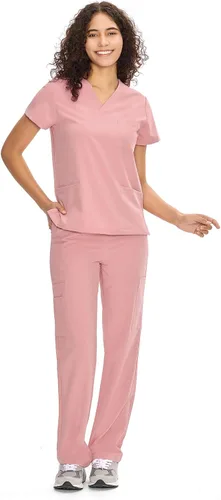 Vista 8 de COZYFIT Scrubs for Women Set - V-Neck & Straight Leg Pants with 9 Pockets Rosa