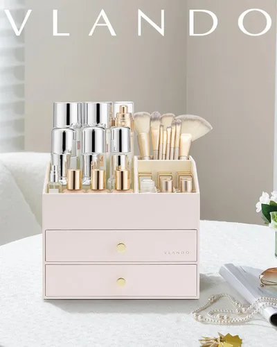 Vista 7 de Organizador de maquillaje Vlando, organizador para el cuidado de la piel para tocador, organizador de maquillaje de PU con cajones, estuche