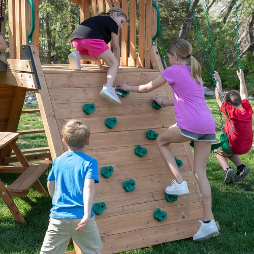 Vista 5 de Backyard Discovery Endeavor II Set de columpios de madera de cedro con tobogán ondulado, plataforma de juego, doble pared de escalada, mesa