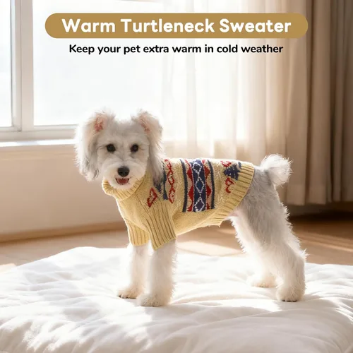 Vista 4 de PUMYPOREITY Suéter de vacaciones para perro, acogedor suéter de invierno, ajuste elástico, cuello alto, tema de Navidad para perros pequeños y Caqui