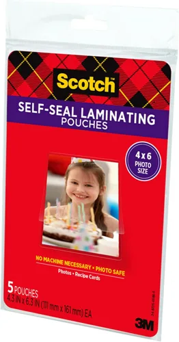 Vista 3 de Bolsas laminadas autosellables Scotch, 10 x 15 cm, paquete de 3 con 5 bolsas – Sin necesidad de máquina, transparente, seguro para fotos