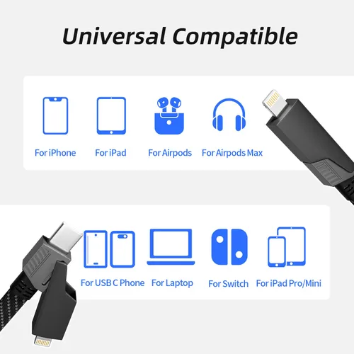 Vista 5 de Cable de carga 4 en 1 de 240 W máximo, cable USB C de carga rápida con chip E-Mark, cable USB A/C a C/Lightning, cable de carga múltiple para iPhone