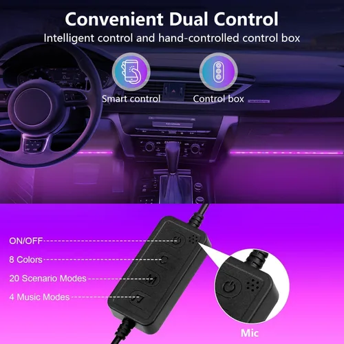 Vista 6 de Tiras de luz LED para interior de automóvil con controles de aplicación, iluminación de espacio para automóvil, luces interiores del automóvil