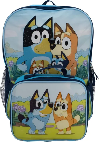 Vista 2 de Bluey Juego de mochila de 2 piezas, bolsa de viaje de 16 pulgadas para niños y niñas preescolares, color azul, Azul, Grande, Bluey
