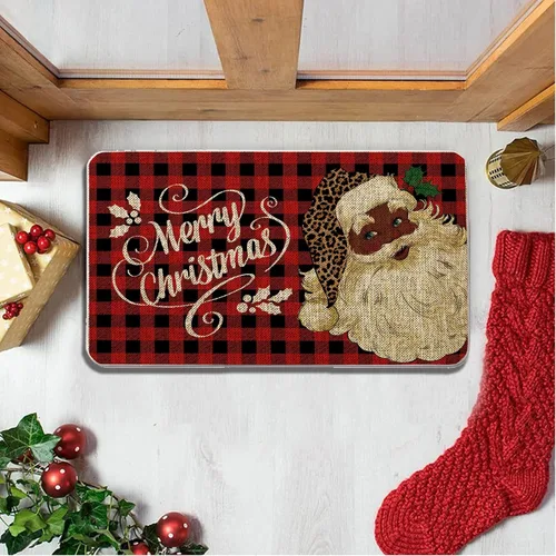 Vista 5 de GAGEC Tapete de Navidad para exteriores, tapete negro de Papá Noel, tapete de entrada a cuadros rojos afroamericanos, decoración de casa de campo