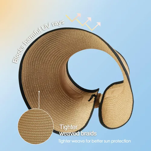 Vista 4 de KDWAVE Visera solar de paja para mujer, ala ancha, protección UV UPF 50+, ajustable, enrollable, plegable, plegable, plegable, sombrero de playa