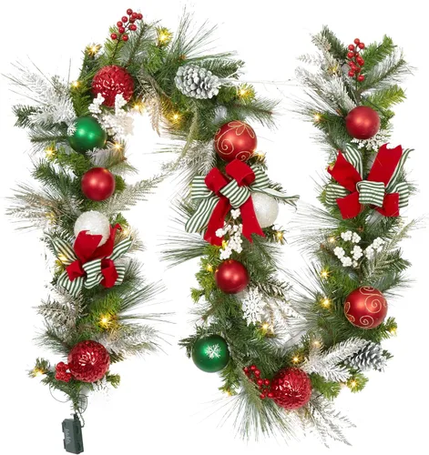 Vista 11 de Guirnalda de Navidad de 6 pies con luces, guirnalda artificial preiluminada de Navidad con conos de pino y flor de pascua, guirnalda de Navidad Oro