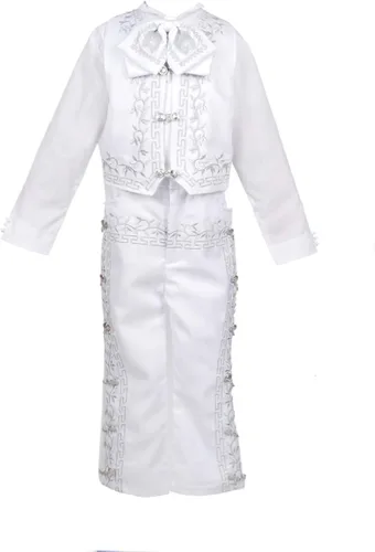 Vista 2 de Conjunto de traje de bautismo para niños de plata blanca Nuestra Señora de Guadalupe Virgen María Mariachi Charro traje de sombrero de boda niños