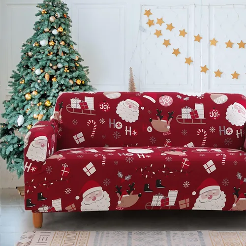 Vista 2 de Mybedsoul Funda de sofá de Navidad con estampado de Papá Noel, lavable, protector de muebles con parte inferior elástica, decoración navideña