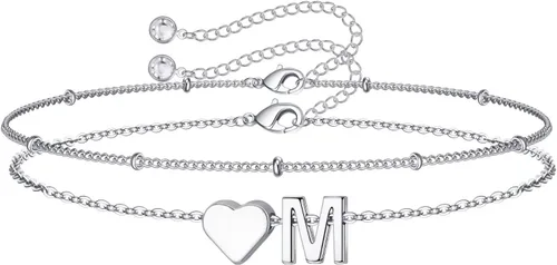 Vista 46 de M MOOHAM Pulseras de oro con inicial de corazón para mujer, pulseras con dije de letra A-Z de corazón dorado en capas para mujer, pulseras