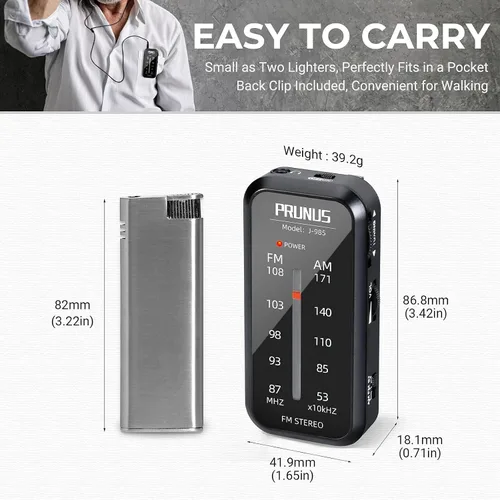 Vista 5 de PRUNUS J-985 Mini radio estéreo AM/FM, portátil, funciona con pilas con auriculares, clip y llave de bloqueo; J-328 Mini radio portátil FM Walkman