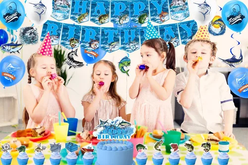 Vista 7 de Decoraciones de fiesta de pesca Gone Fishing suministros de fiesta de cumpleaños, incluye pancarta de pesca de feliz cumpleaños, decoración