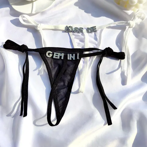 Vista 3 de Artsadd Tanga personalizada para mujer, letras personalizadas, nombre, cintura, cadena, ropa interior, bragas, cadena en T, joyería para el cuerpo