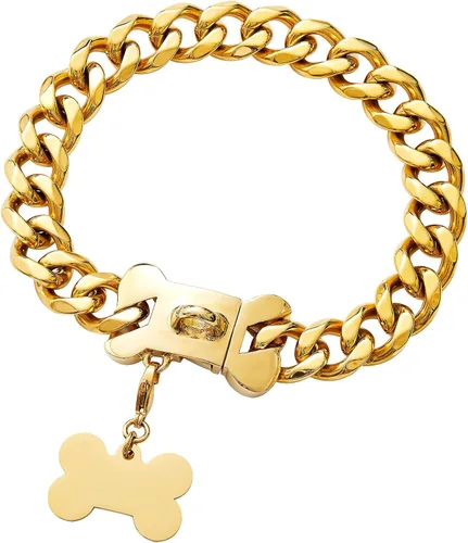 Vista 6 de Collares Fuertes de Acero Inoxidable Dorado para Perros con Cierre de Hebilla de Seguridad, Collar de Entrenamiento de Cadena de Eslabones Cubanos