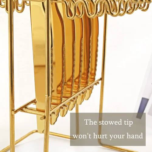 Vista 5 de Juego de cubiertos dorados de espejo de 24 piezas con soporte para cubiertos, cubiertos colgantes con mango redondo de madera, incluye cuchillo