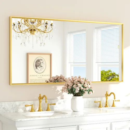 Vista 46 de TETOTE Espejo de baño dorado cepillado de 20" x 30", espejo de tocador de baño rectangular de latón dorado cepillado con marco biselado para sobre