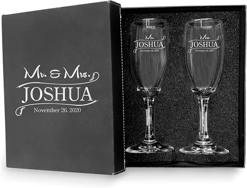Vista 12 de Juego de 2 copas de champán personalizadas para boda grabadas con caja - Bride & Groom's Wedding Toast