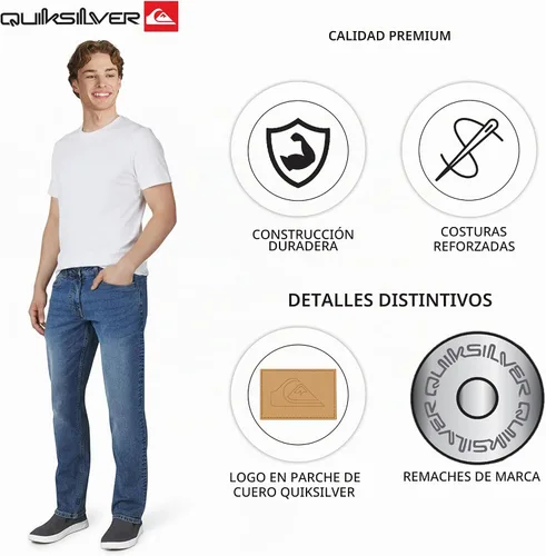 Vista 3 de Quiksilver - Jeans de mezclilla elásticos para hombre con 5 bolsillos y ajuste recto Brisa de Capri