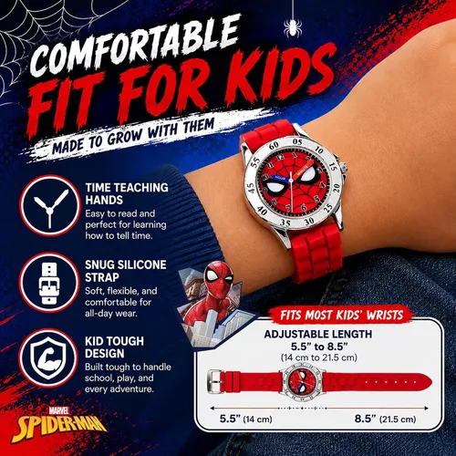 Vista 5 de Spiderman Time Teacher - Reloj para niños, correa de silicona roja, esfera fácil de leer, resistente al agua, con lata especial