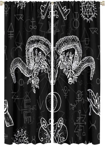 Vista 23 de BAEKJIN Cortinas de cabeza de cabra, diseño de calavera malvada, bruja, símbolo misterioso, bolsillo para barra, cortinas opacas para ventana, juego