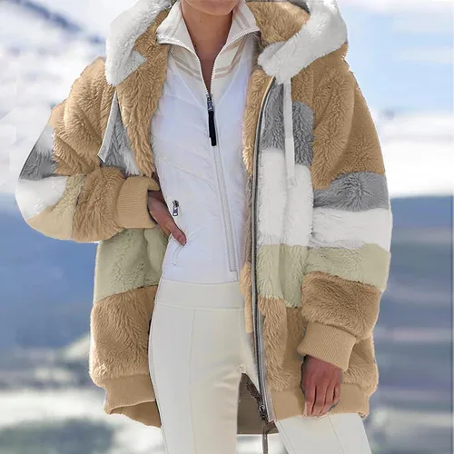 Vista 2 de FQZWONG Abrigos de invierno para mujer, talla grande, forro polar, sherpa, manga larga, chaquetas con capucha, chaquetas casuales cálidas
