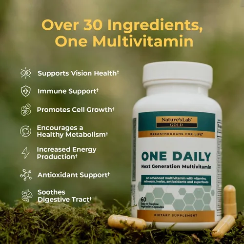 Vista 3 de Nature's Lab Multivitamínico One Daily - Contiene 21 vitaminas y minerales esenciales, incluyendo vitamina C, D3 y zinc, 60 cápsulas